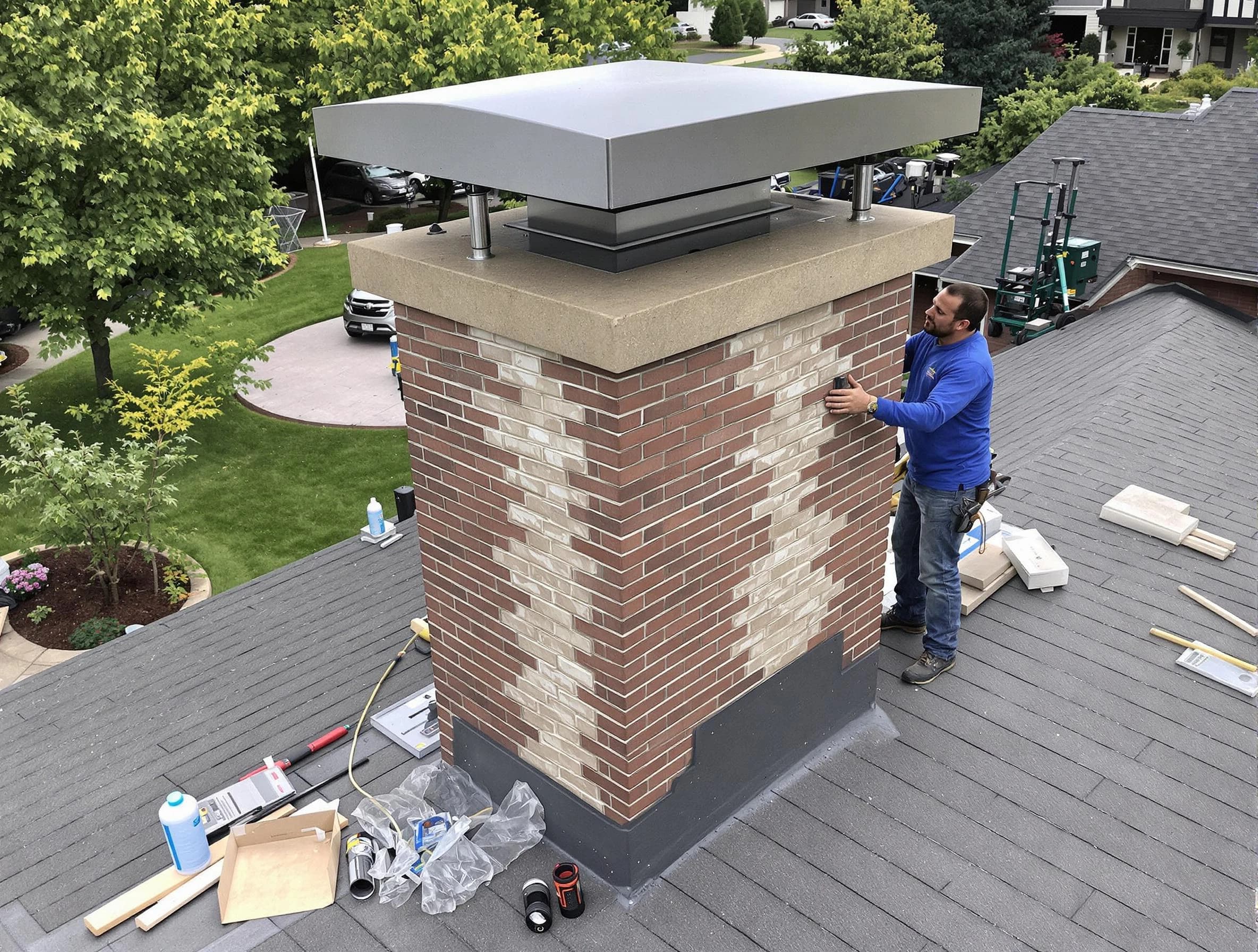 Milton Chimney Sweep team working on a custom chimney remodel in Milton, GA
