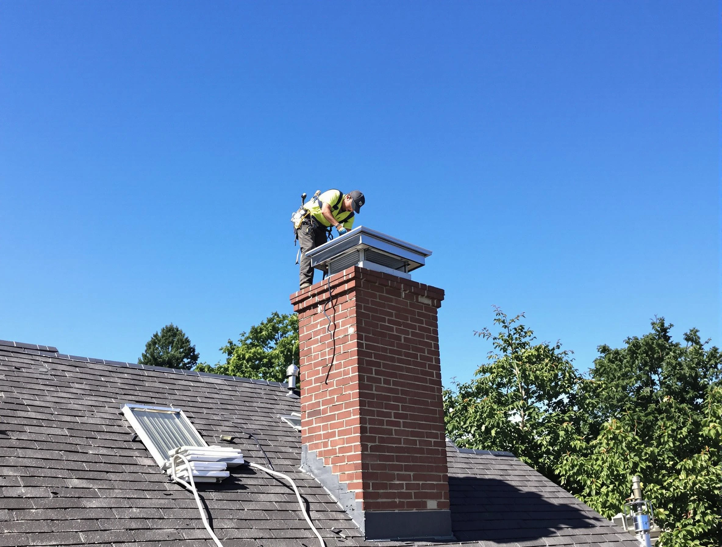 Milton Chimney Sweep technician measuring a chimney cap in Milton, GA